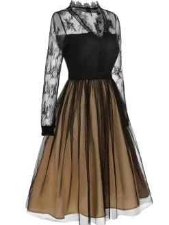 New Retro Stage 1950s Lace Patchwork Mesh Dress Black