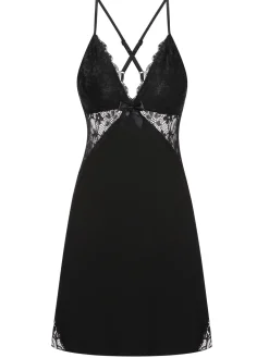 Fashion Retro Stage 1970s Lace Patchwork Spaghetti Straps Nightgown Black
