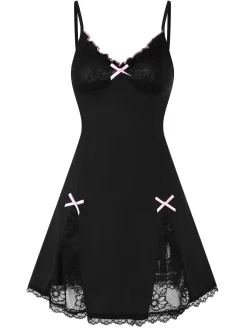 Sale Retro Stage 1970s Lace Patchwork Straps Nightgown Black