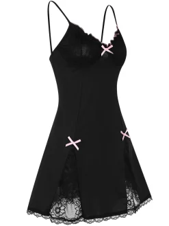 Sale Retro Stage 1970s Lace Patchwork Straps Nightgown Black
