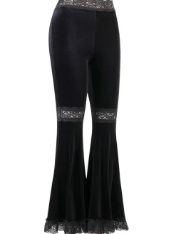Fashion Retro Stage 1940s Lace Pathwork Velvet Bootcut Pants Black