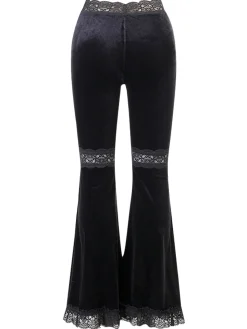 Fashion Retro Stage 1940s Lace Pathwork Velvet Bootcut Pants Black