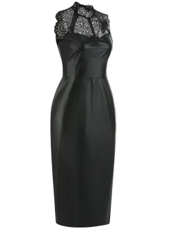 Sale Retro Stage 1960s Lace PU Leather Dress Black