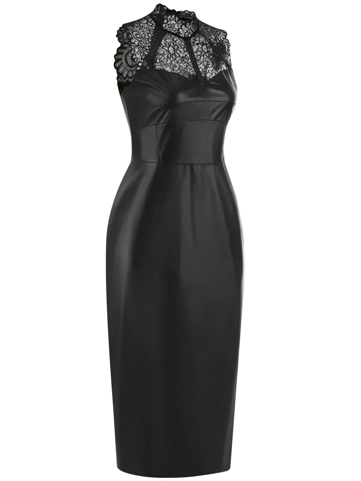 Sale Retro Stage 1960s Lace PU Leather Dress Black