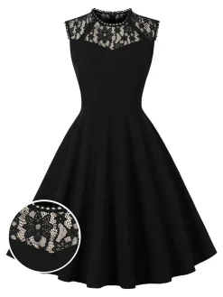 Online Retro Stage 1950s Lace Round Neck Dress Black