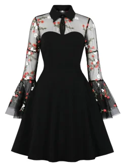 Hot Retro Stage 1950s Lace Ruffle Swing Dress Black
