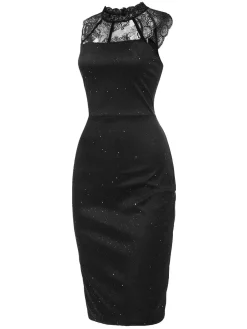 New Retro Stage 1960s Lace Sleeveless Bodycon Dress Black
