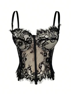 Best Retro Stage Black 1980s Lace Steampunk Herringbone Corset Beige