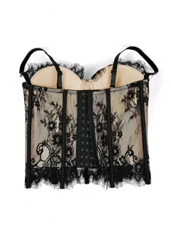 Best Retro Stage Black 1980s Lace Steampunk Herringbone Corset Beige