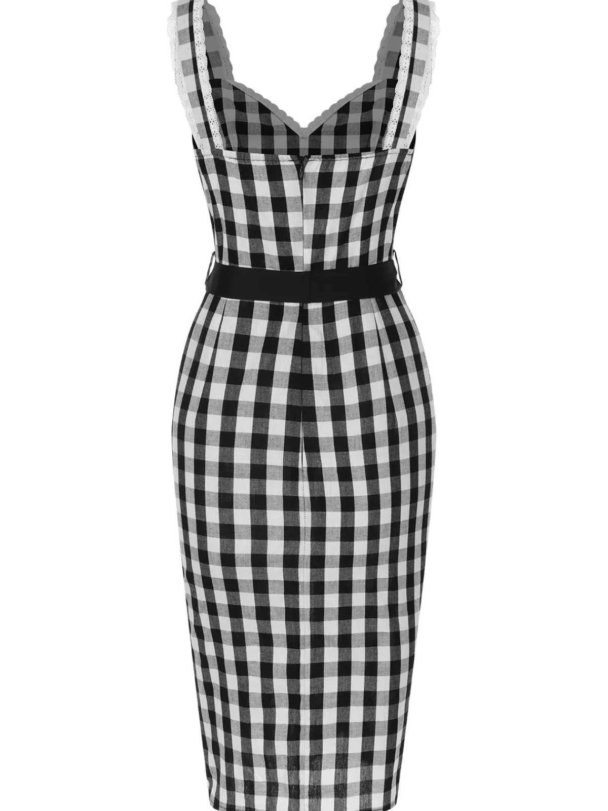 Fashion Retro Stage 1960s Lace Trim Gingham Bow Dress Black