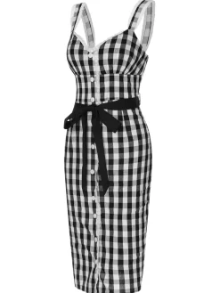 Fashion Retro Stage 1960s Lace Trim Gingham Bow Dress Black