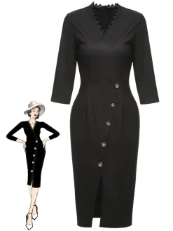 Sale Retro Stage 1960s Lace Trim Neckline Pencil Dress Black