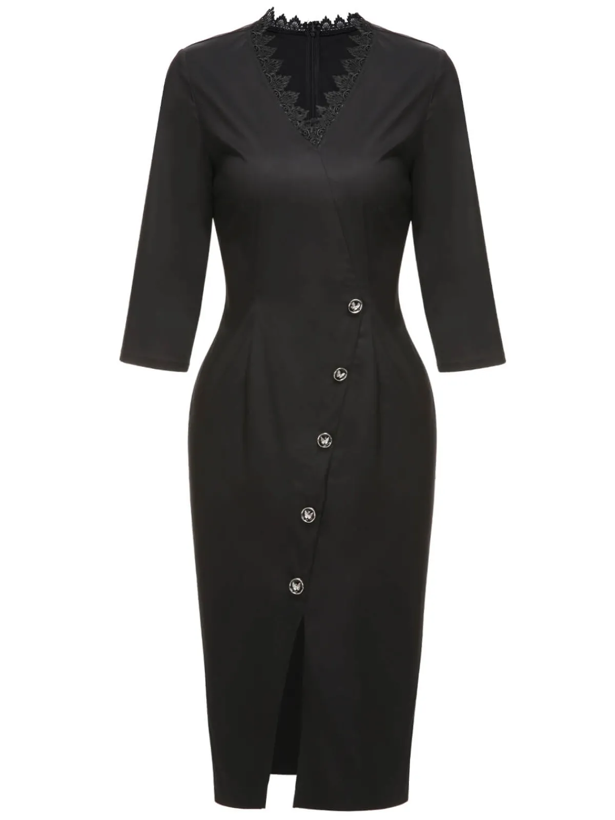 Sale Retro Stage 1960s Lace Trim Neckline Pencil Dress Black