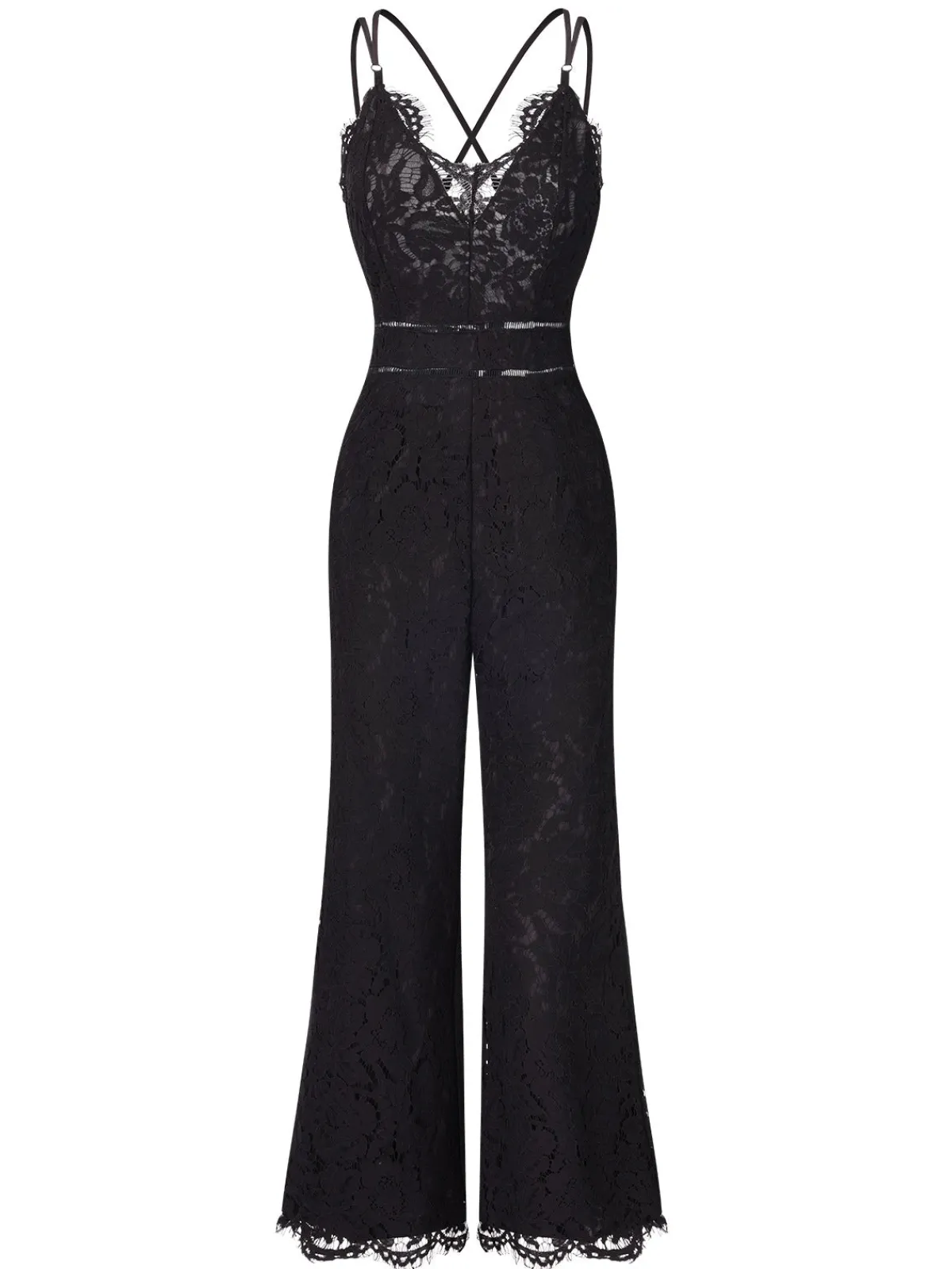Best Retro Stage 1970s Lace V-Neck Spaghetti Straps Jumpsuit Black