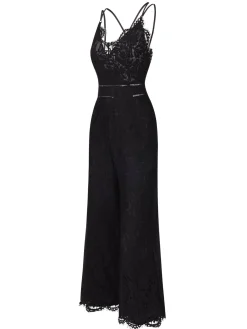 Best Retro Stage 1970s Lace V-Neck Spaghetti Straps Jumpsuit Black