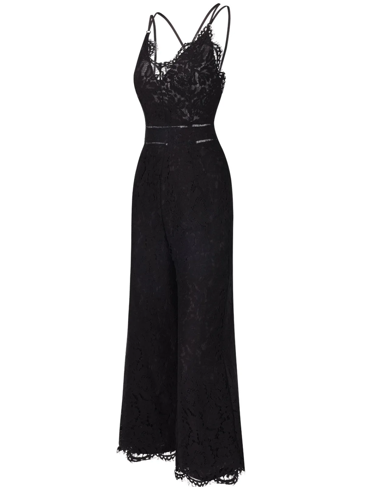 Best Retro Stage 1970s Lace V-Neck Spaghetti Straps Jumpsuit Black