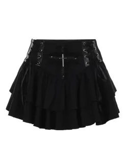 Outlet Retro Stage 1950s Lace-Up Cross Lace Skirt Black