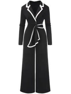 Fashion Retro Stage 1970s Lapel Color Block Belted Jumpsuit Black