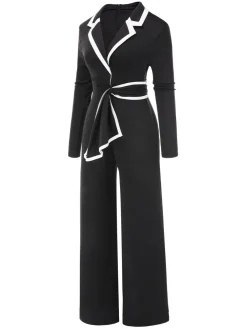 Fashion Retro Stage 1970s Lapel Color Block Belted Jumpsuit Black