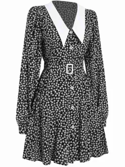 New Retro Stage 1950s Lapel Lantern Sleeves Ditsy Floral Dress Black