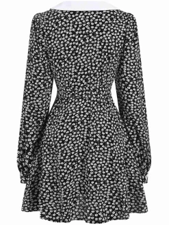 New Retro Stage 1950s Lapel Lantern Sleeves Ditsy Floral Dress Black