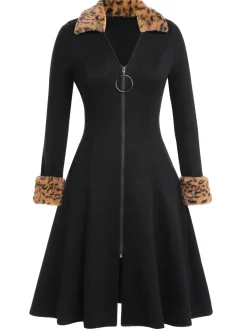 Clearance Retro Stage 1950s Lapel Leopard Patchwork Dress Black