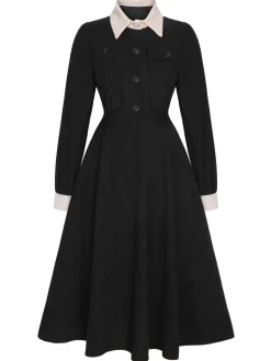 Discount Retro Stage 1950s Lapel Patchwork Button Dress Black