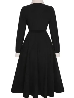 Discount Retro Stage 1950s Lapel Patchwork Button Dress Black
