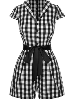 Clearance Retro Stage Black 1940s Lapel Plaids Belted Romper
