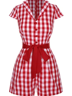 Clearance Retro Stage Black 1940s Lapel Plaids Belted Romper