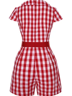 Clearance Retro Stage Black 1940s Lapel Plaids Belted Romper