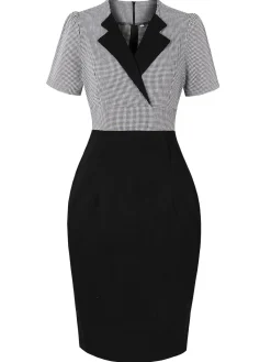 Fashion Retro Stage 1960s Lapel Shepherd Check Patchwork Dress Black