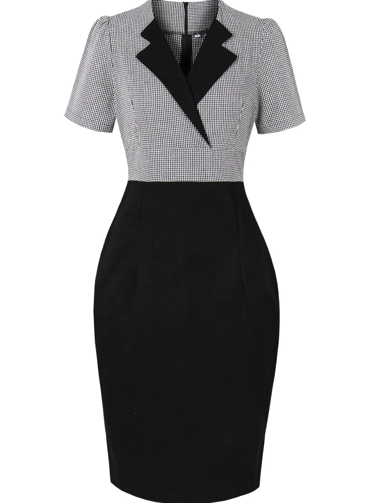 Fashion Retro Stage 1960s Lapel Shepherd Check Patchwork Dress Black