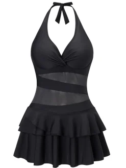 Outlet Retro Stage 1940s Layered Hem Halter Swimdress Black