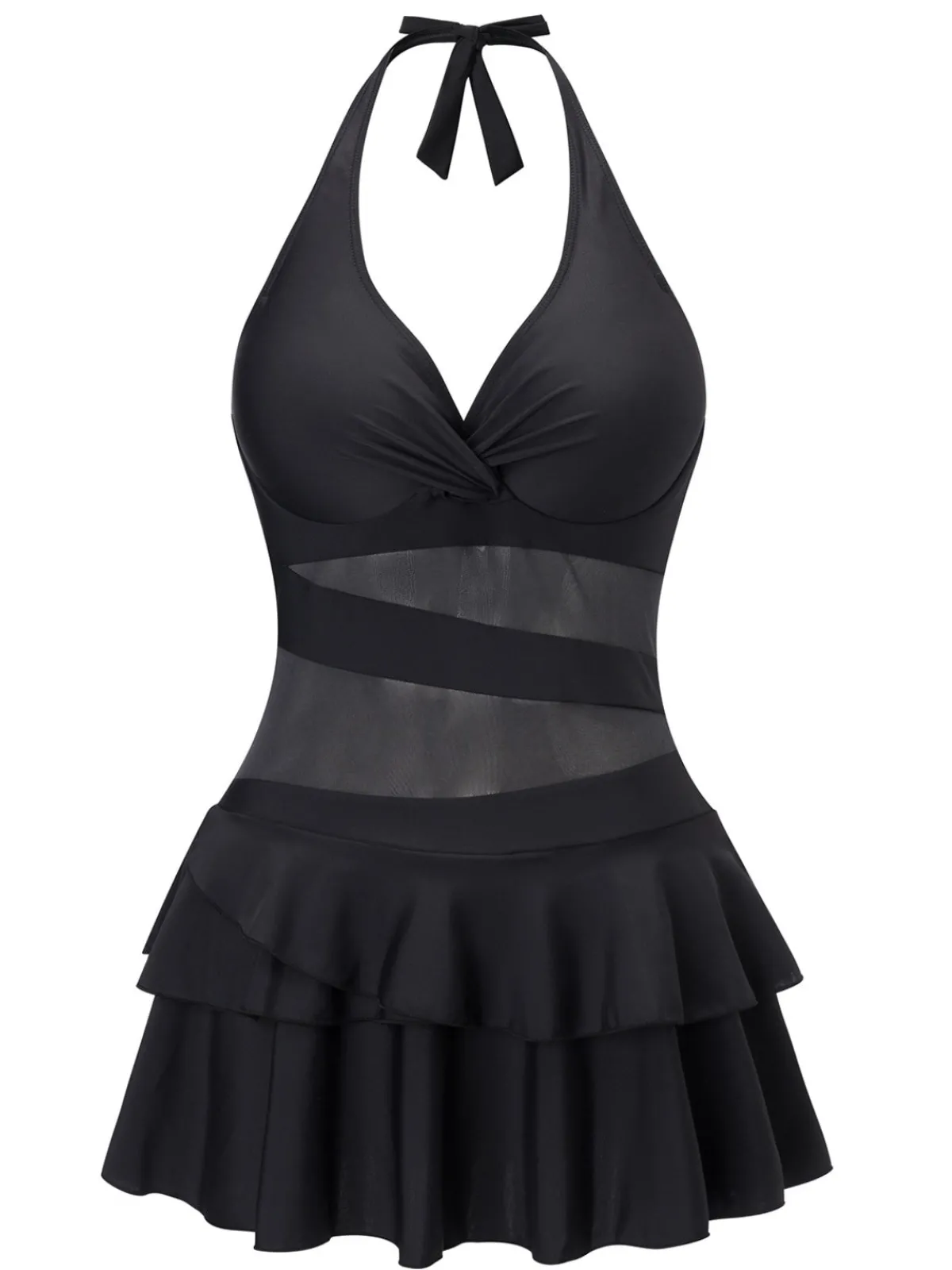 Outlet Retro Stage 1940s Layered Hem Halter Swimdress Black