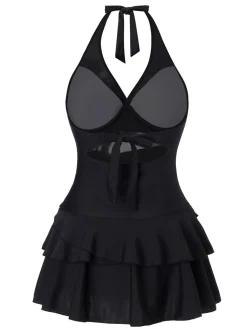 Outlet Retro Stage 1940s Layered Hem Halter Swimdress Black