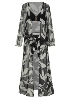 Fashion Retro Stage 1970s Leaves Strap Bikini & Long Cover-Up Black
