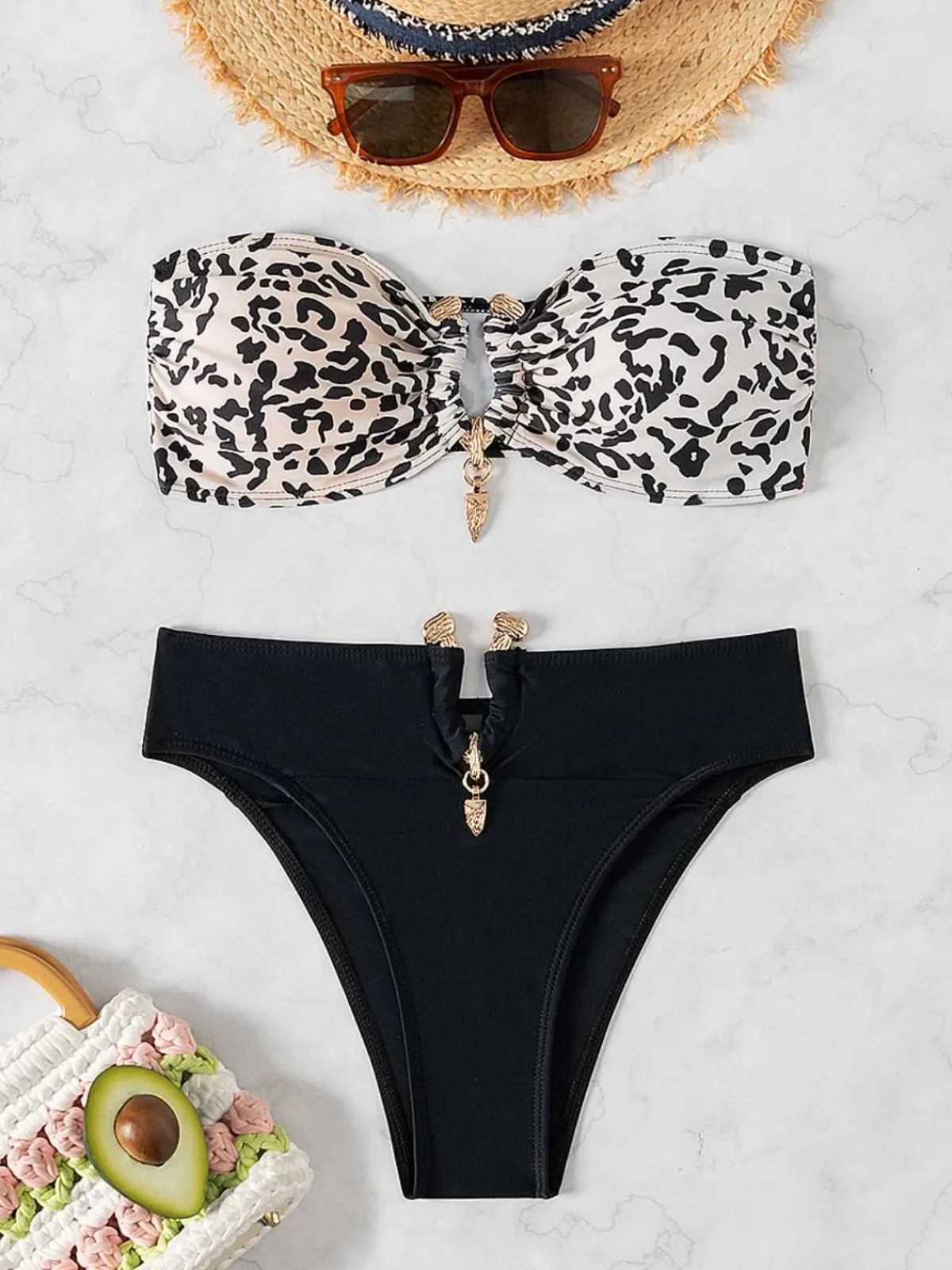 New Retro Stage 1970s Leopard Metal Button Strapless Swimsuit Black