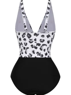 Fashion Retro Stage Black 1930s Patchwork V-Neck Swimsuit Leopard