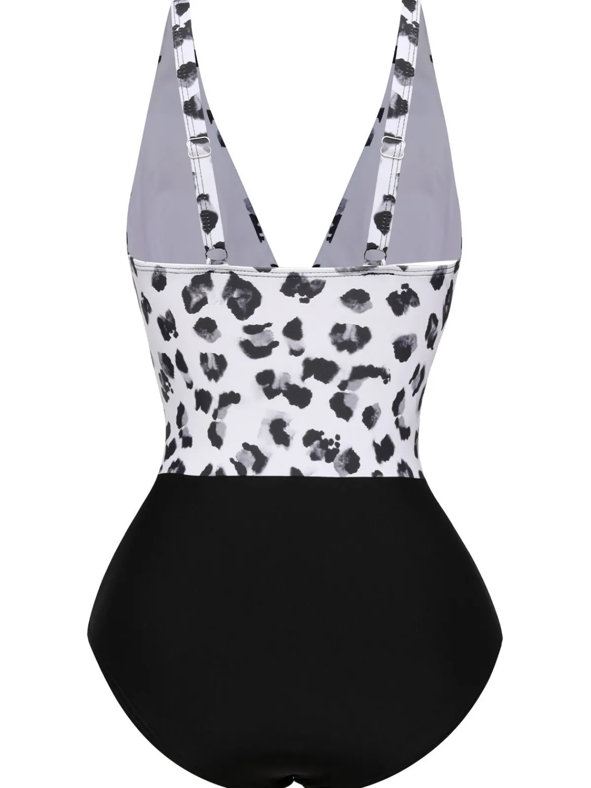 Fashion Retro Stage Black 1930s Patchwork V-Neck Swimsuit Leopard