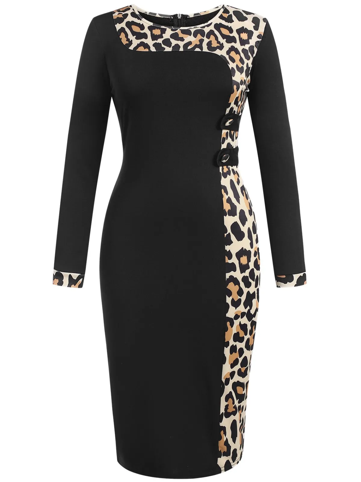 Discount Retro Stage 1960s Leopard Patchwork Pencil Dress Black