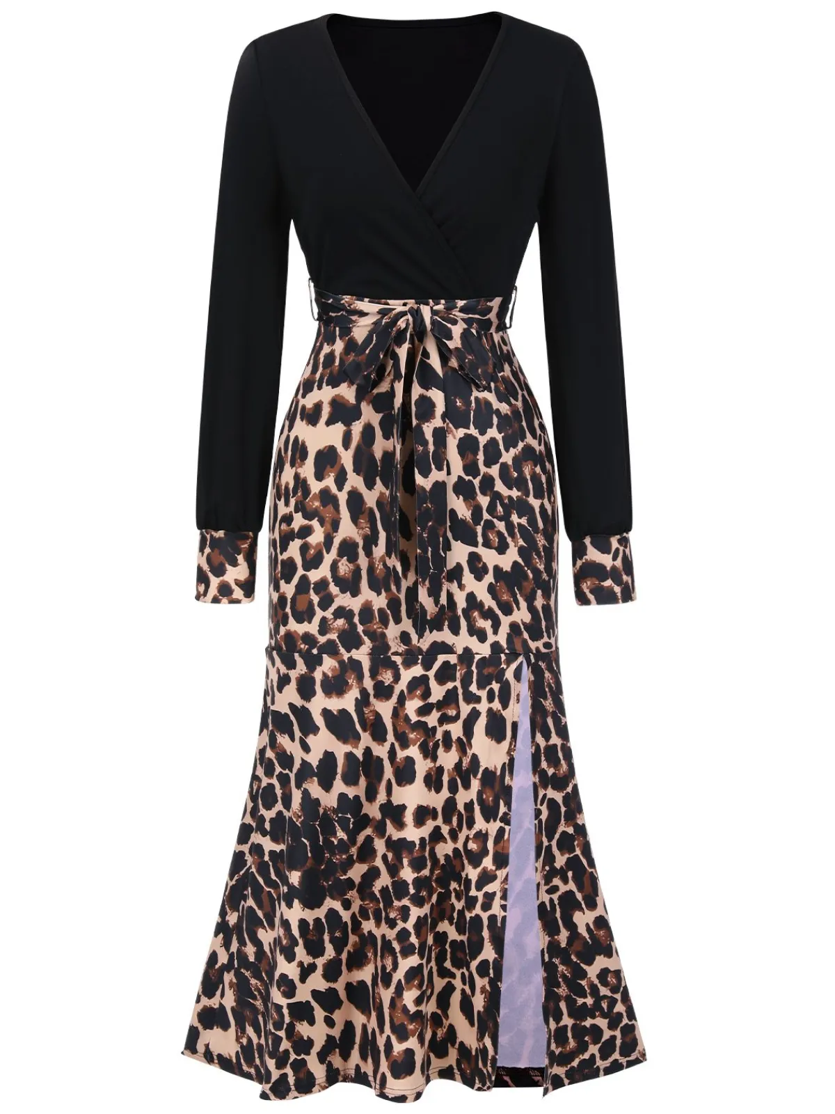 Fashion Retro Stage 1930s Leopard Patchwork Mermaid Dress Black