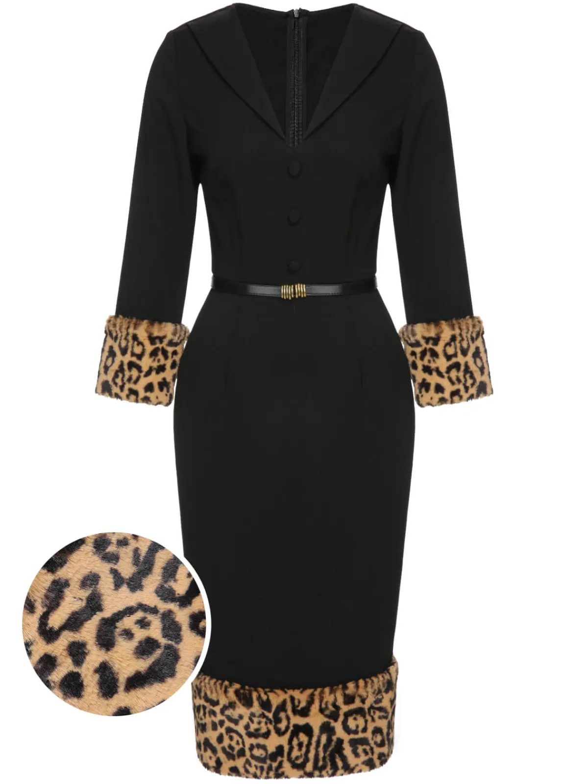 Clearance Retro Stage 1960s Leopard Plush V-Neck Pencil Dress Black