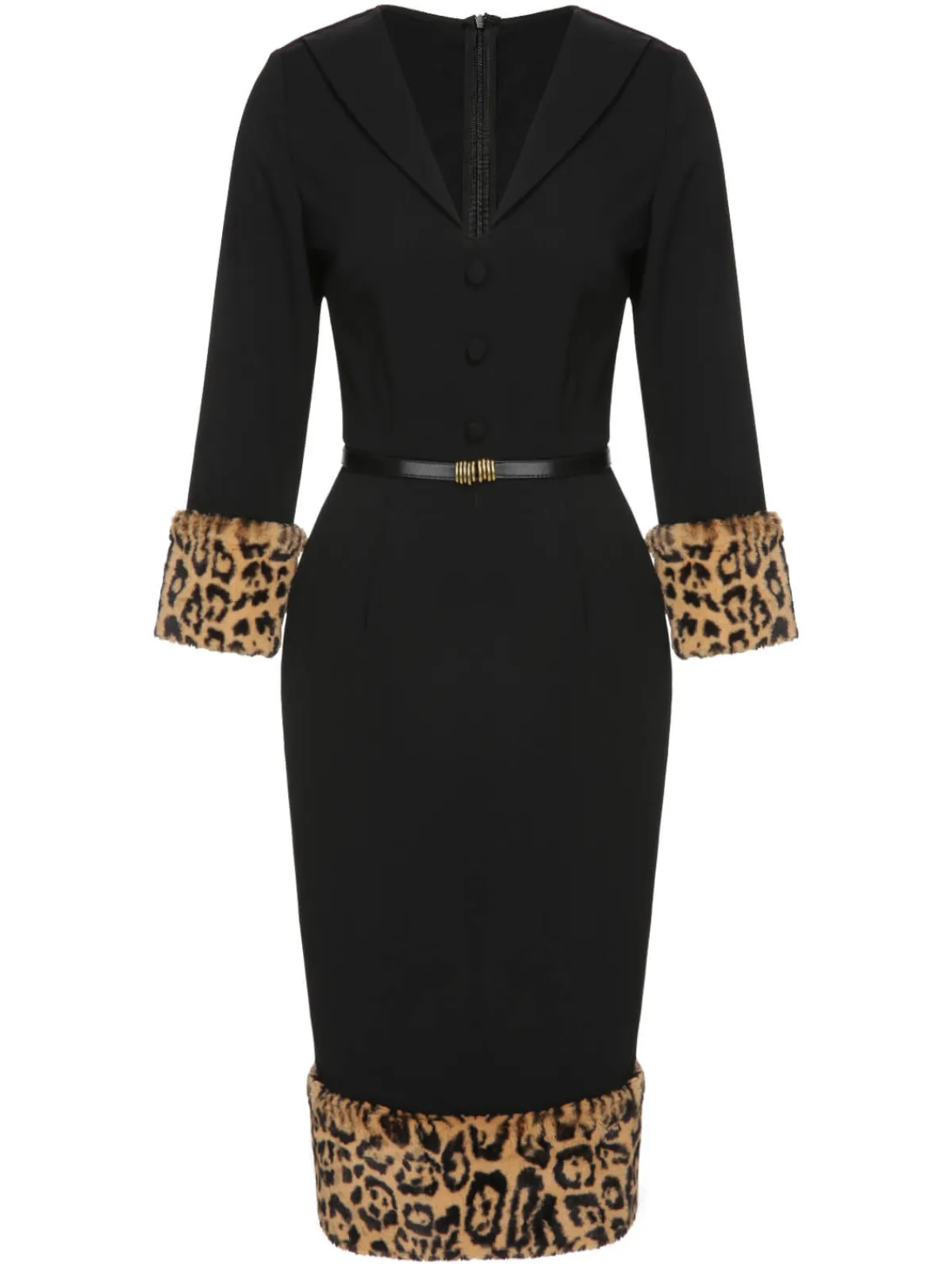 Clearance Retro Stage 1960s Leopard Plush V-Neck Pencil Dress Black