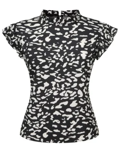 Online Retro Stage 1950s Leopard Print Ruffles Blouse Black