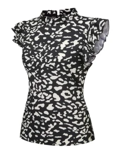 Online Retro Stage 1950s Leopard Print Ruffles Blouse Black