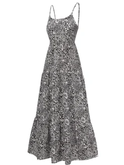 New Retro Stage 1930s Mandala Print Strap Dress Black