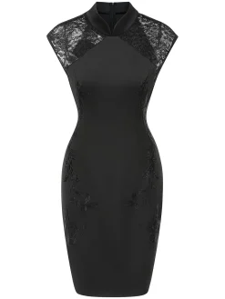 Clearance Retro Stage 1960s Mandarin Collar Embroidered Floral Pencil Dress Black