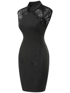 Clearance Retro Stage 1960s Mandarin Collar Embroidered Floral Pencil Dress Black