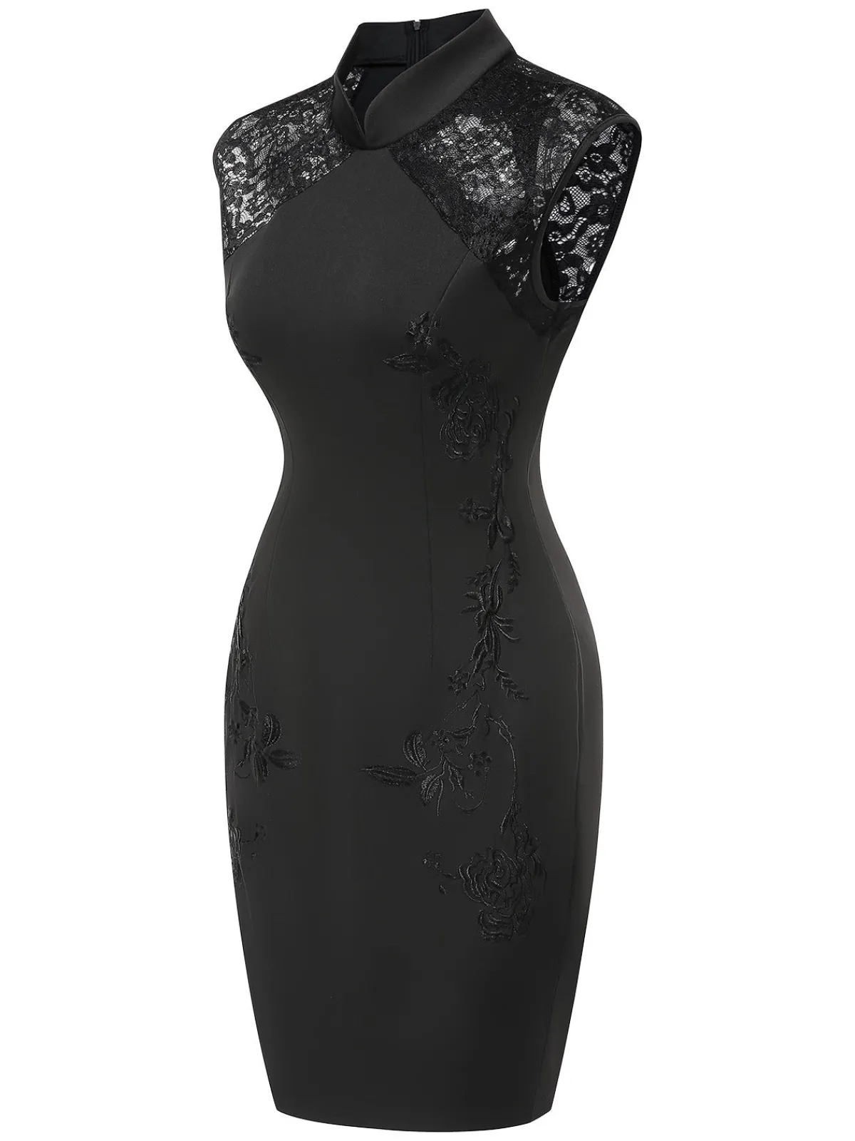 Clearance Retro Stage 1960s Mandarin Collar Embroidered Floral Pencil Dress Black